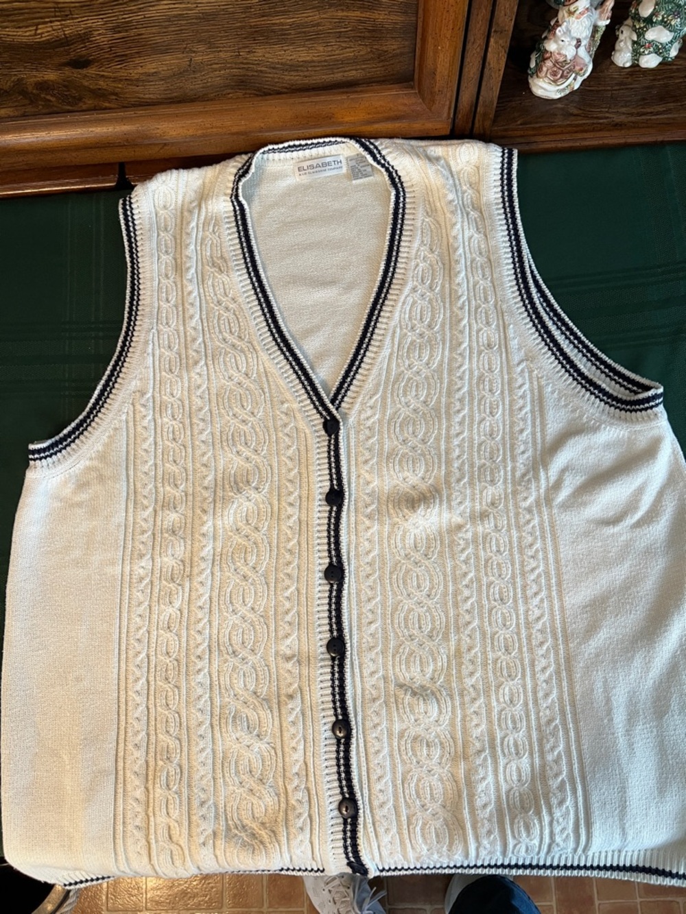 Cream Cable-Knit Button Front Vest with Navy Trim